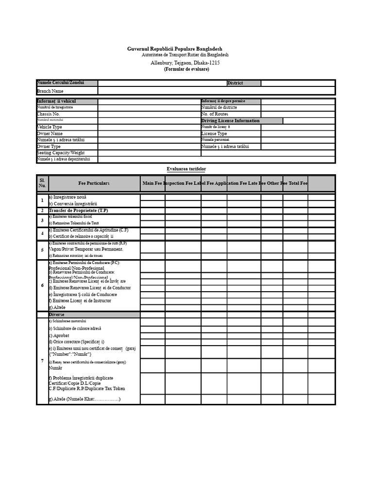 Formular de Evaluare A BRTA (Înregistrare, Fitness, Token de Taxă ...