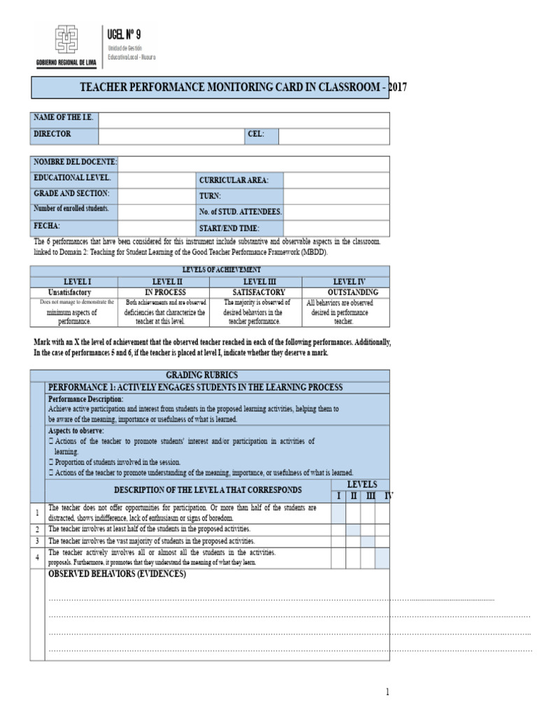 Teacher Performance Monitoring Card 2017 | PDF | Empathy | Teachers