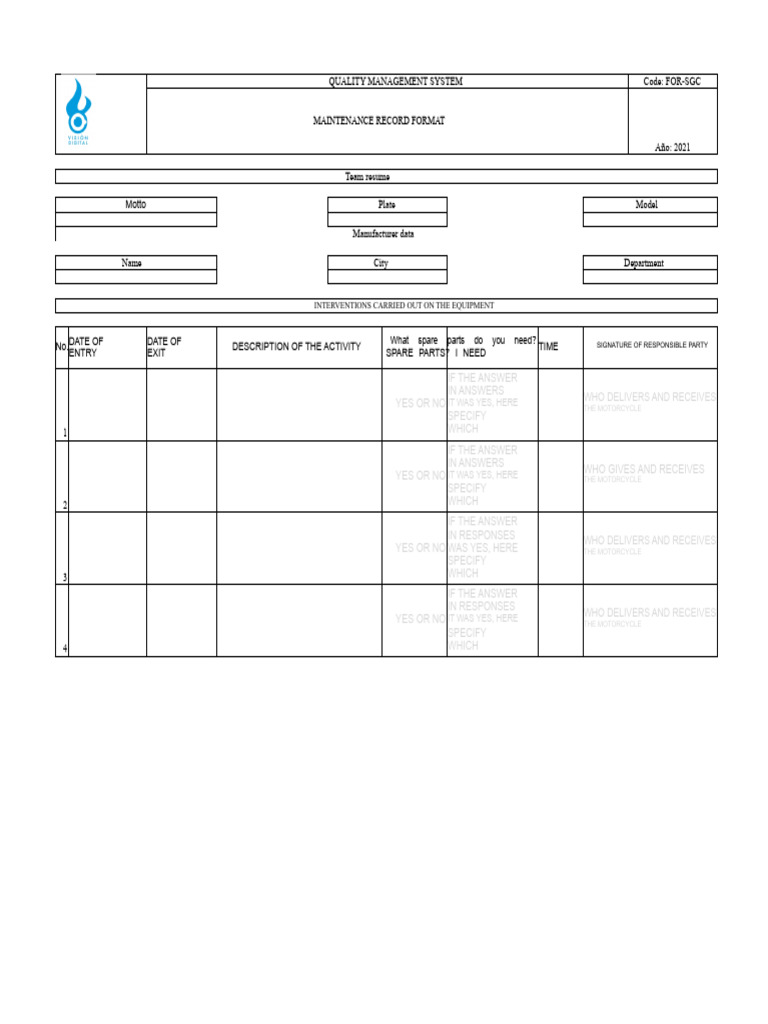 Motorcycle Maintenance Record Template | PDF