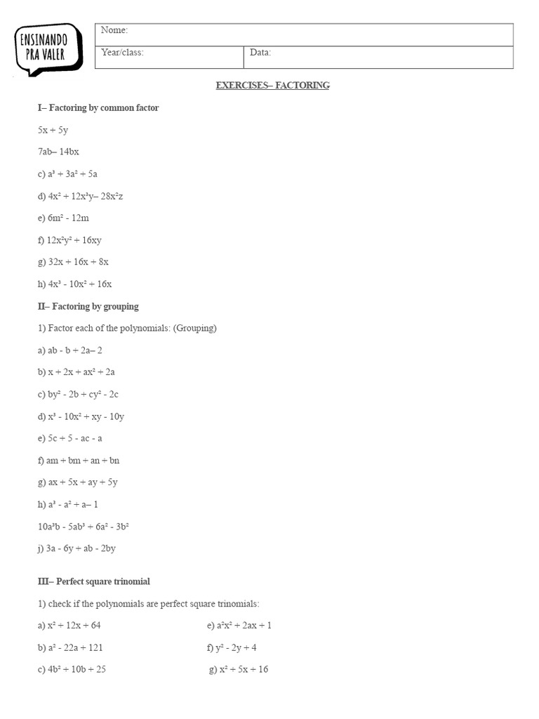 8th Grade Exercise Factorization Pdf