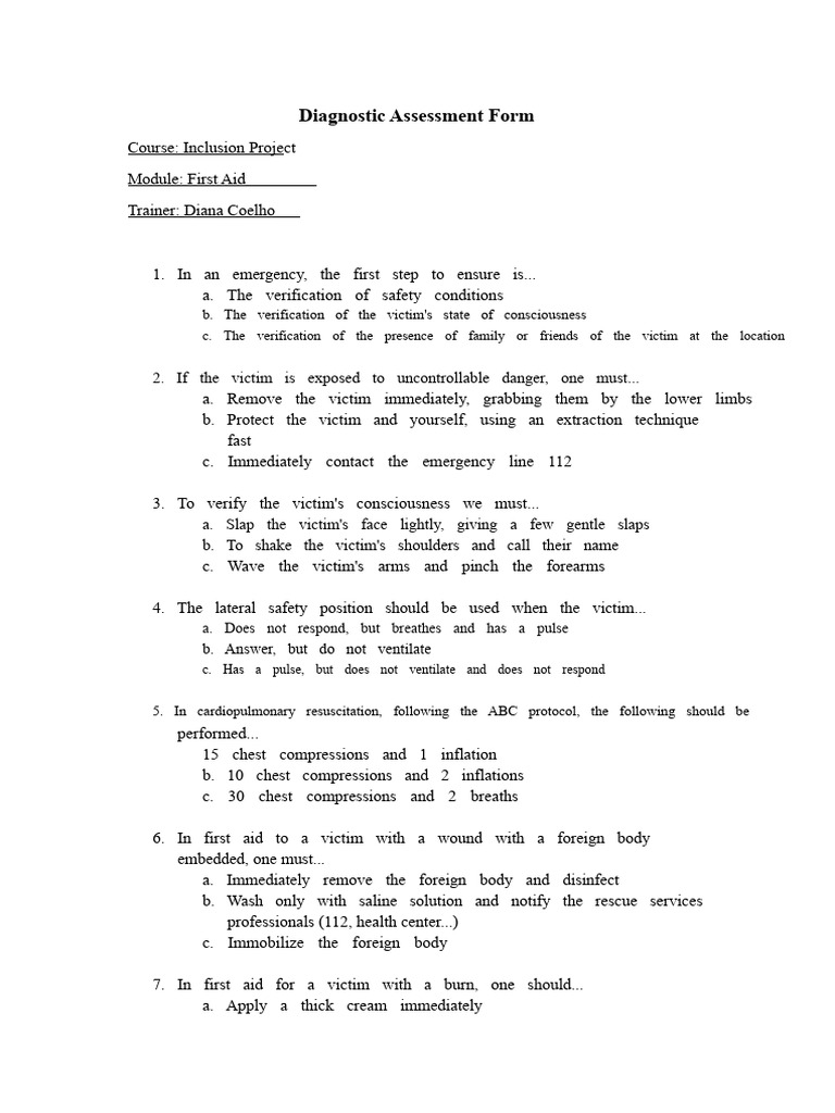 Diagnostic Assessment - First Aid - UFCD 3564 | PDF | First Aid ...