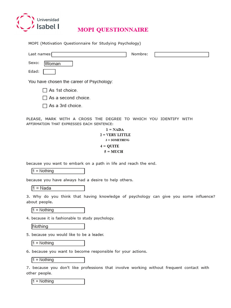 MOPI Psychology Motivation Questionnaire | PDF | Psychology | Motivation