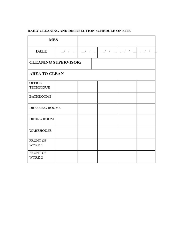 FORMAT FOR - DAILY CLEANING SCHEDULE AT THE WORKSITE | PDF