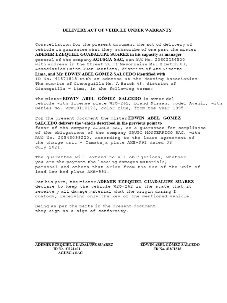 Act of Vehicle Delivery Under Warranty | PDF
