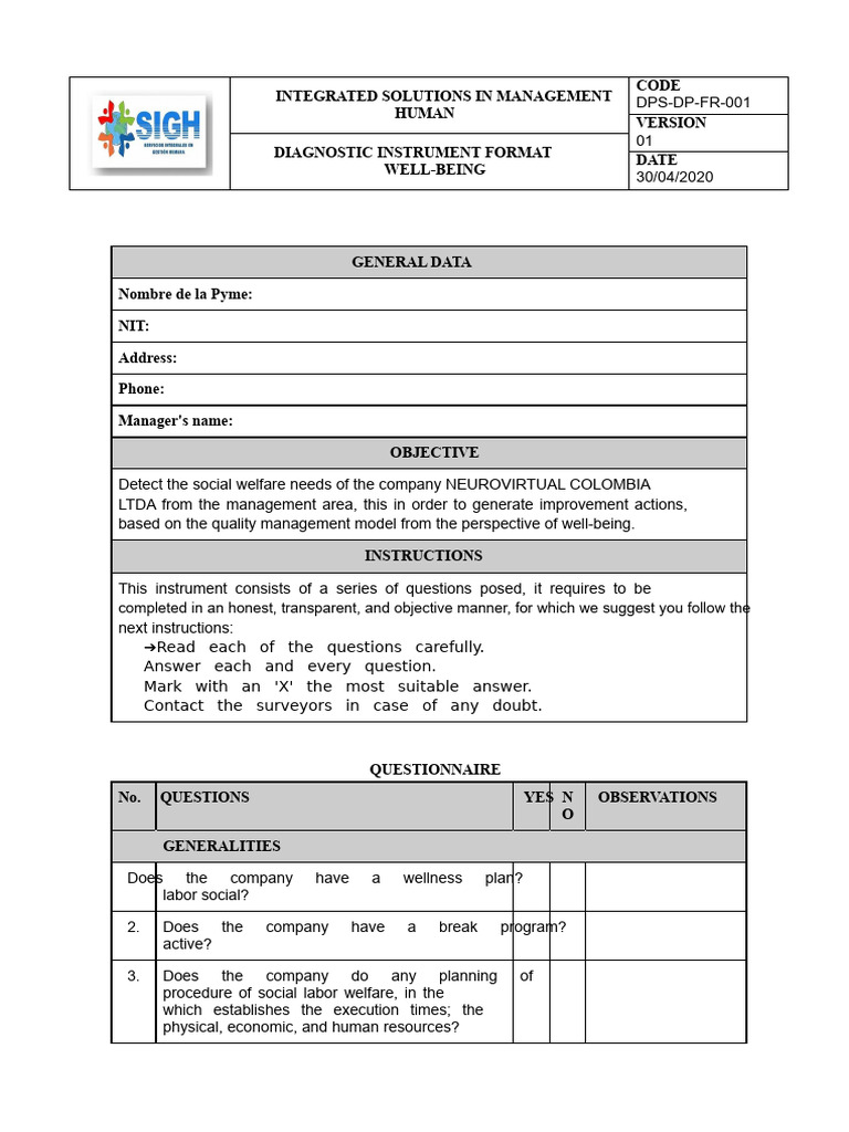 Company Well-Being Diagnostic Tool | PDF | Social Psychology | Business