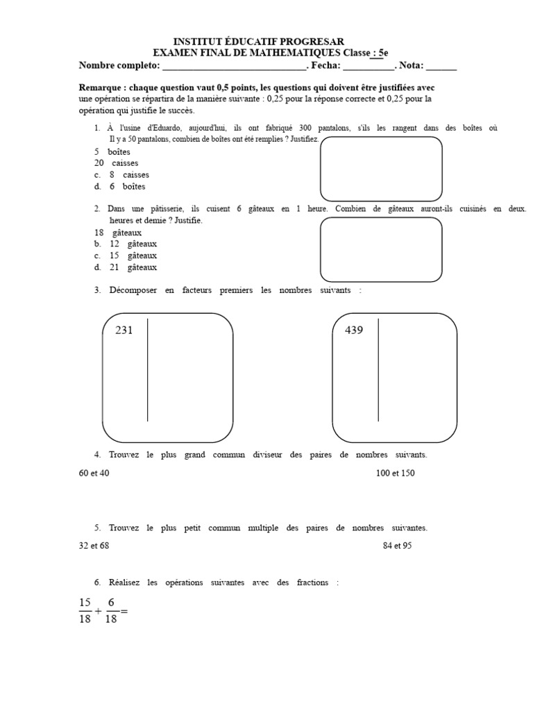 Examen Final de Mathématiques 5e | PDF