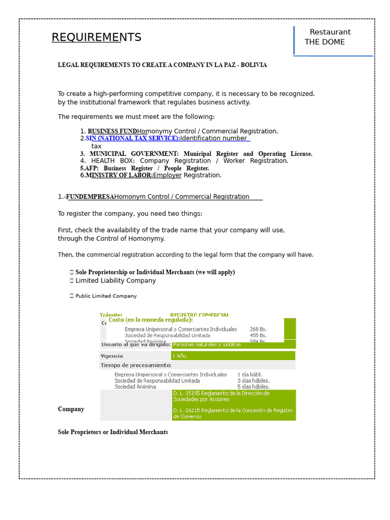 Legal Requirements For A Company in La Paz | PDF | Sole Proprietorship ...