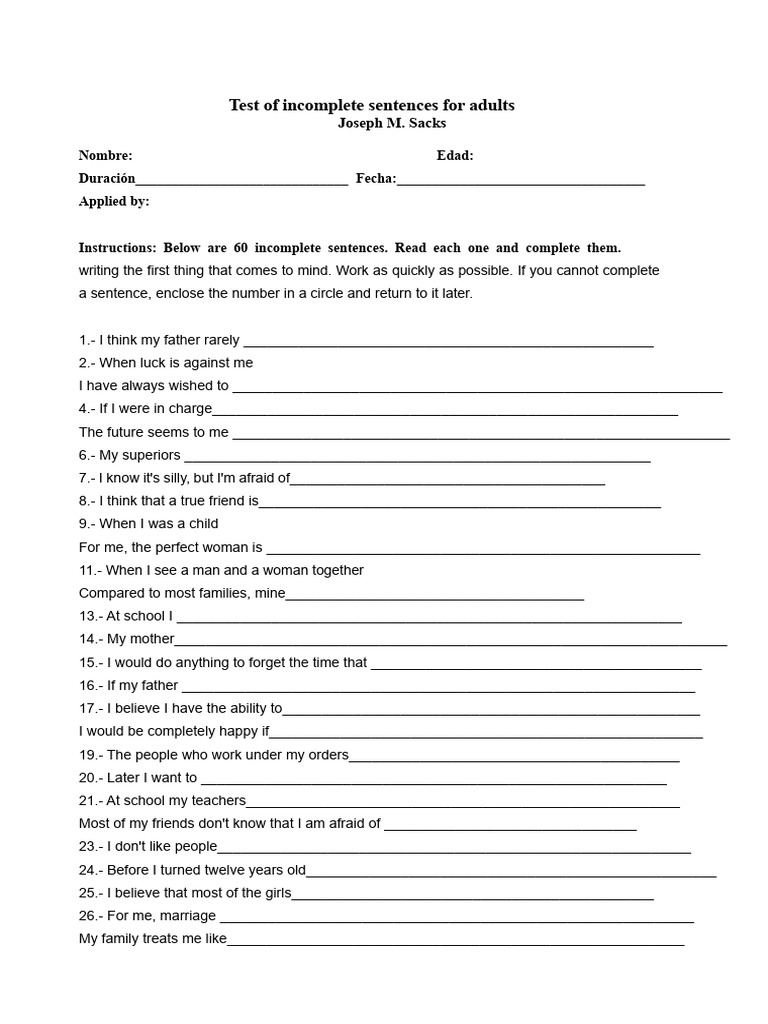 Incomplete Sentences Test For Adults | PDF | Social Psychology ...