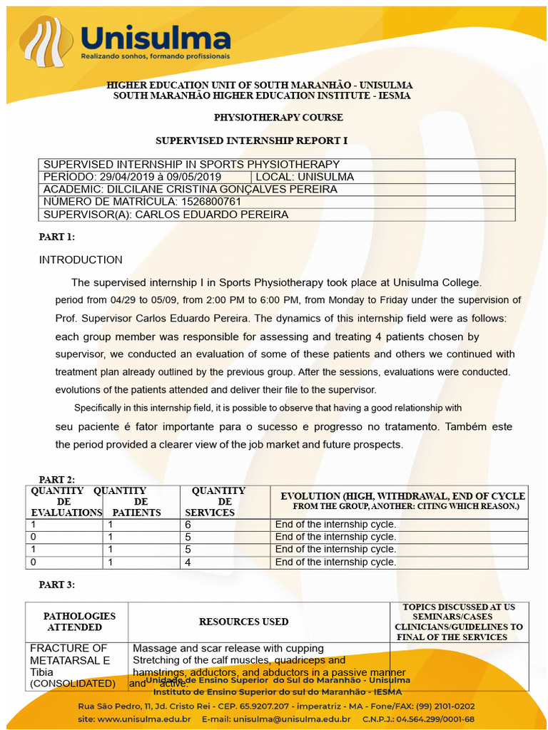 Sports Physiotherapy Internship Report | PDF | Ankle | Anatomical Terms ...