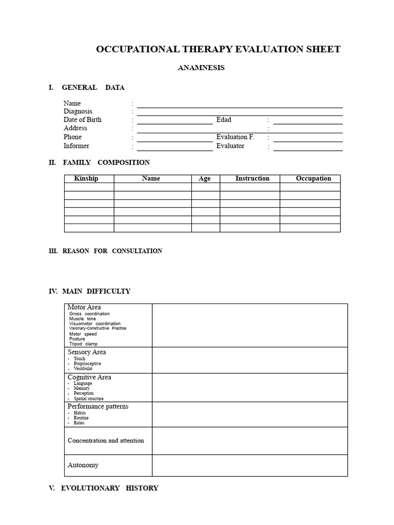 Occupational Therapy Evaluation Form | PDF | Perception | Occupational ...
