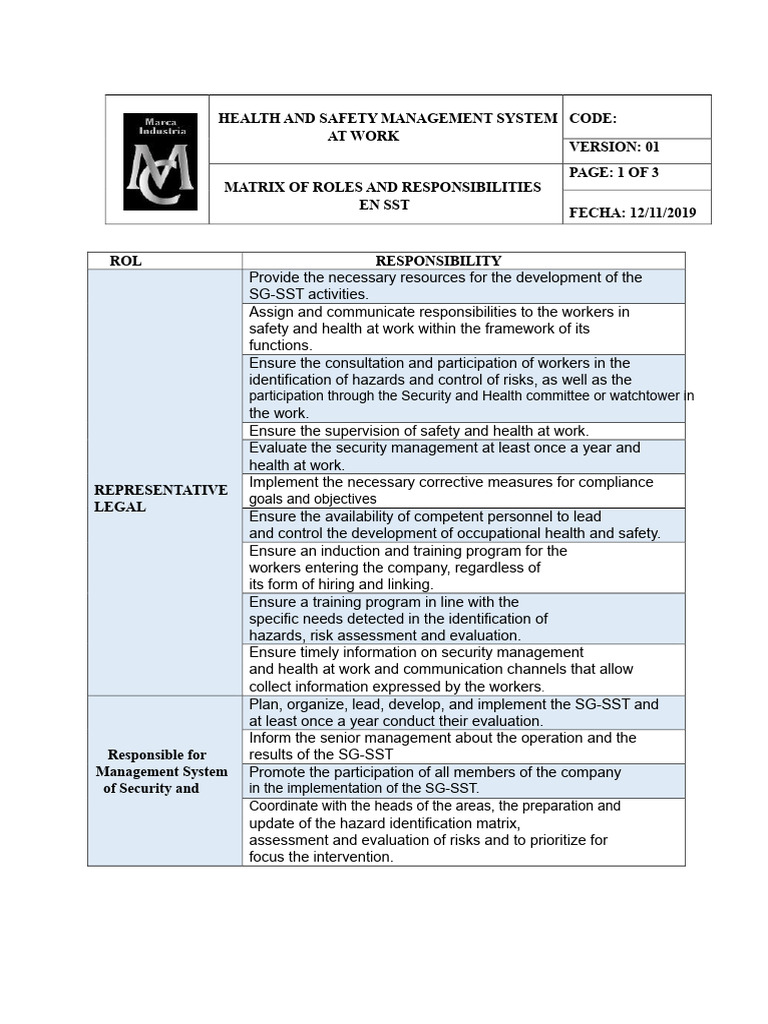 Health and Safety Management Roles | PDF | Occupational Safety And ...