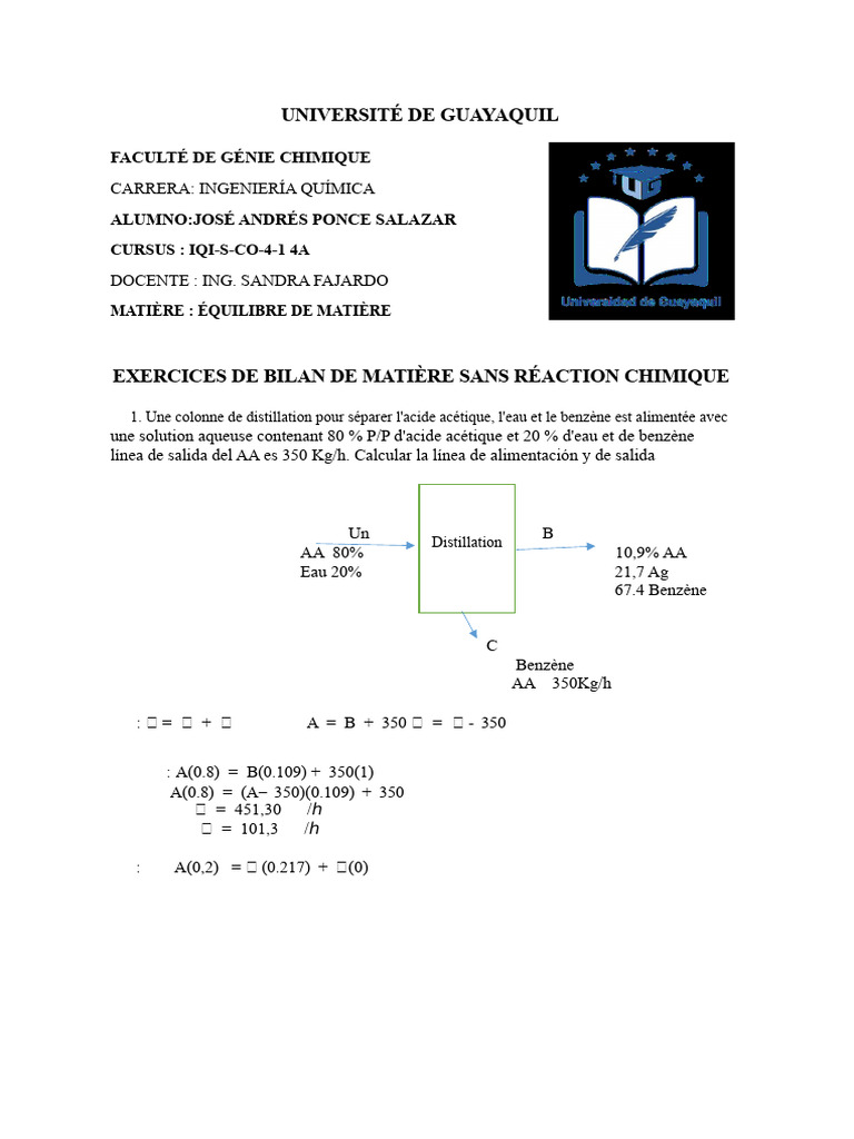 Exercices de bilan de matière en génie chimique | PDF | Gaz | Chimie ...