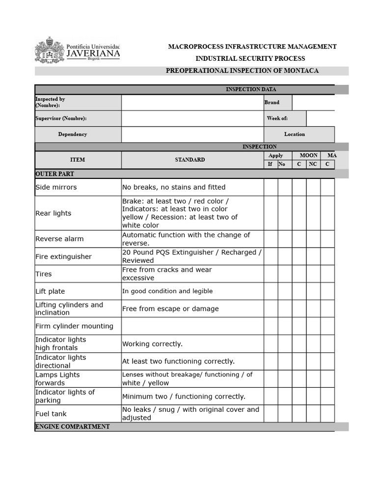 IF-P60-F21 Pre-Operational Inspection Format For Forklifts | PDF ...