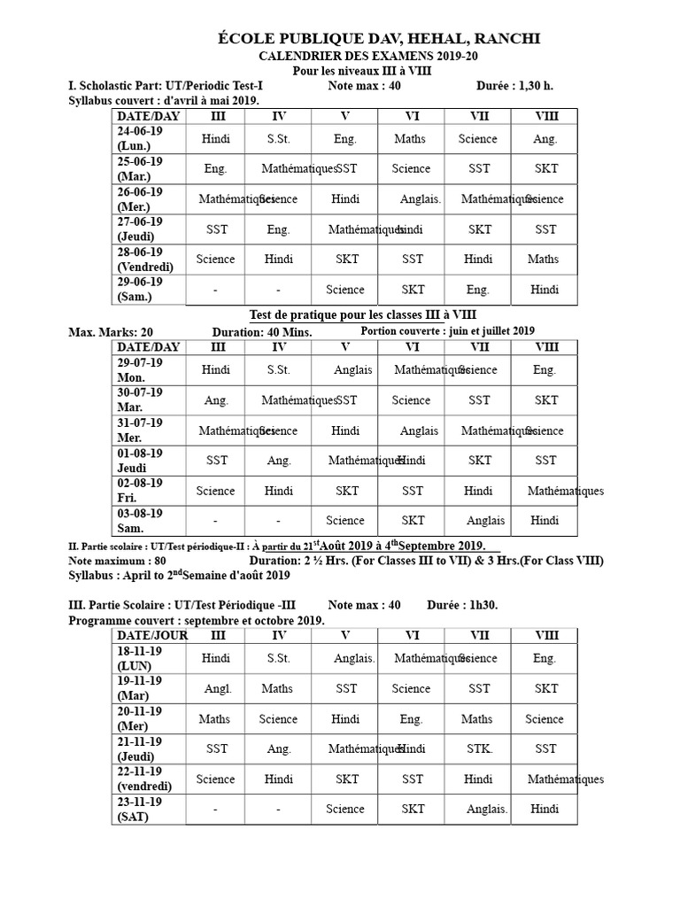 Calendrier Examens 2019-20 École DAV Ranchi | PDF | Science