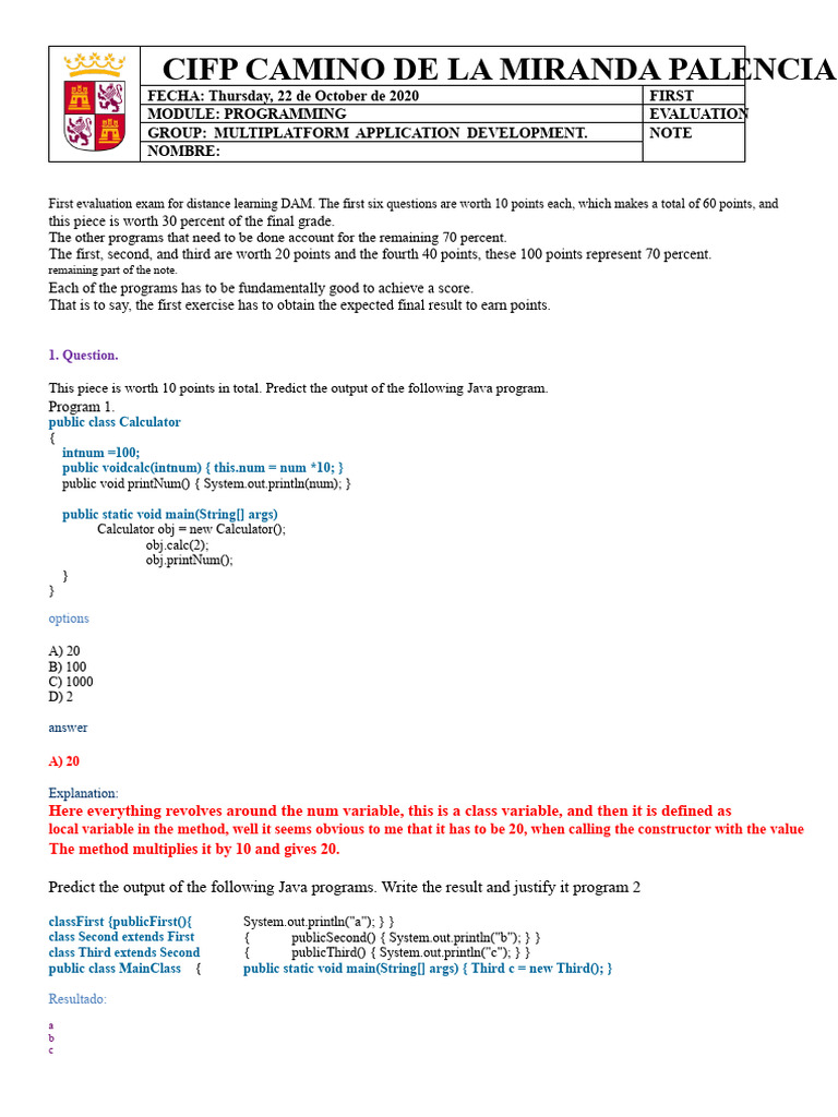 Java Programming Evaluation Exam Guide | PDF | Constructor (Object ...