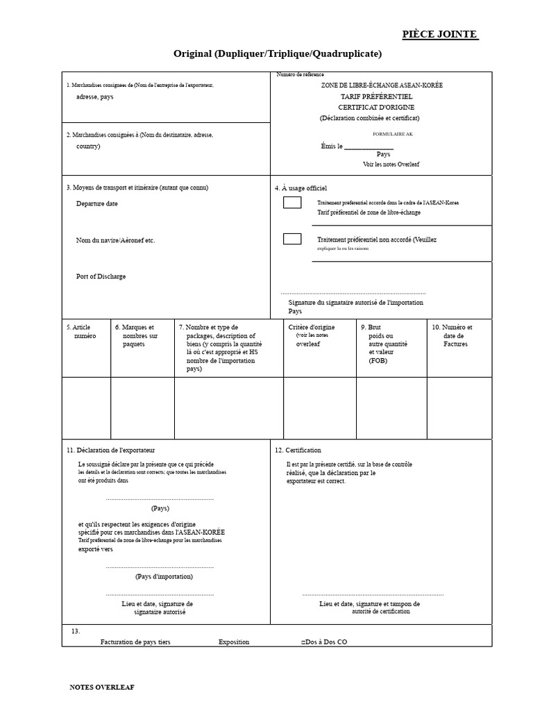 Certificat d'Origine AKFTA pour Exportation | PDF