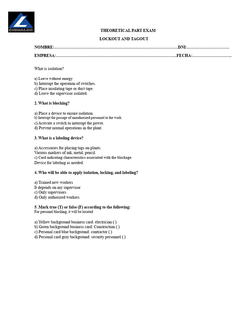 Lockout and Tagout Examination | PDF