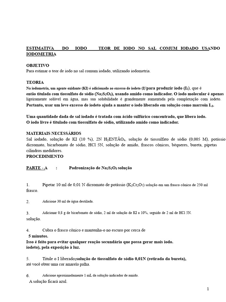 Iodometria: Teor de Iodo no Sal Iodado | PDF | Titulação | Química