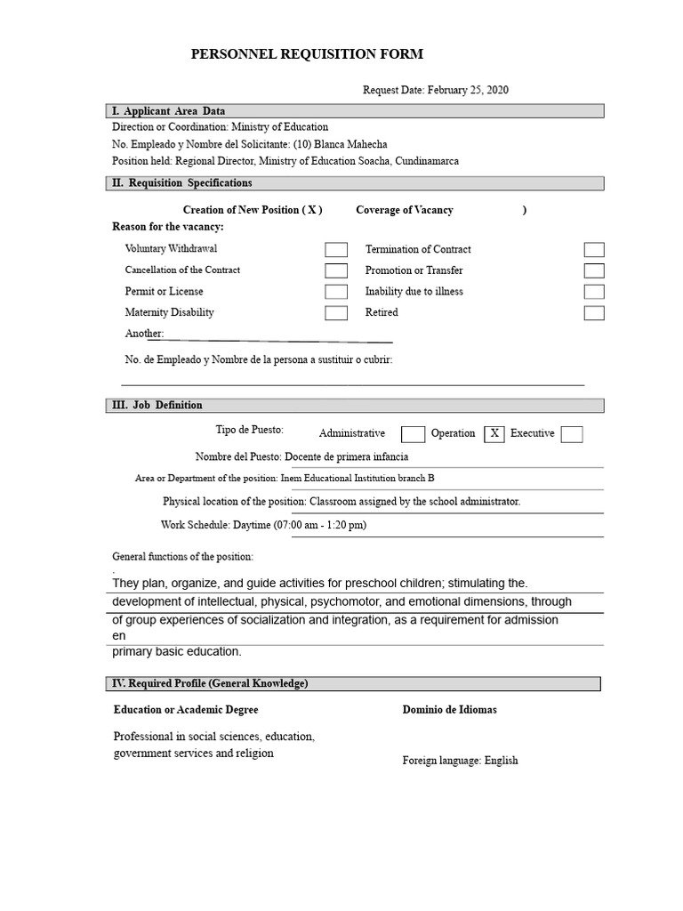 Personnel Requisition for Early Childhood Teacher | PDF | Learning ...