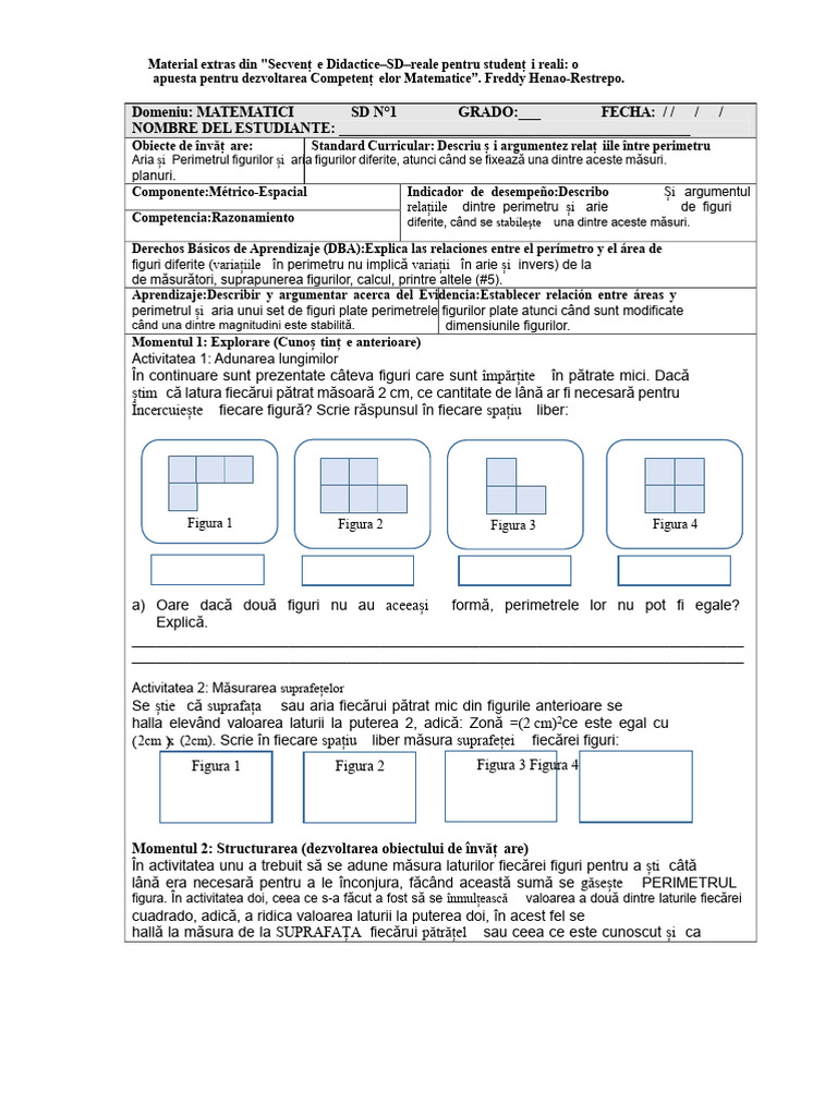 4° Și 5° Secvența Didactică SD-1 Arie Și Perimetru Componenta Metric ...