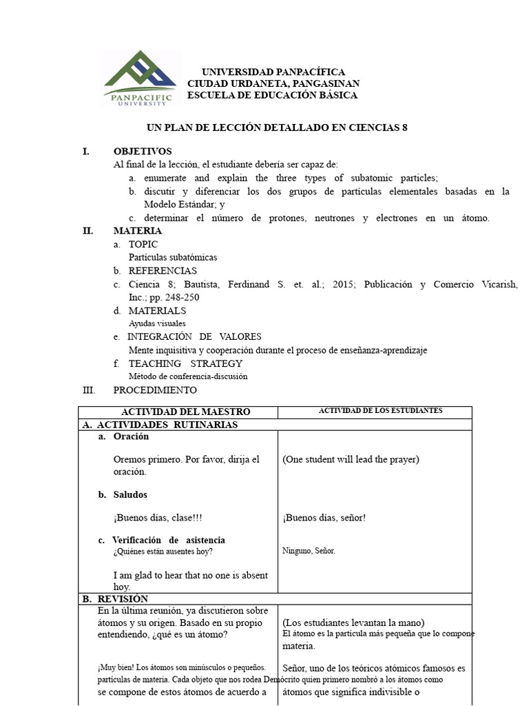 Plan de Lección (Partículas Subatómicas) | PDF | Partícula elemental ...