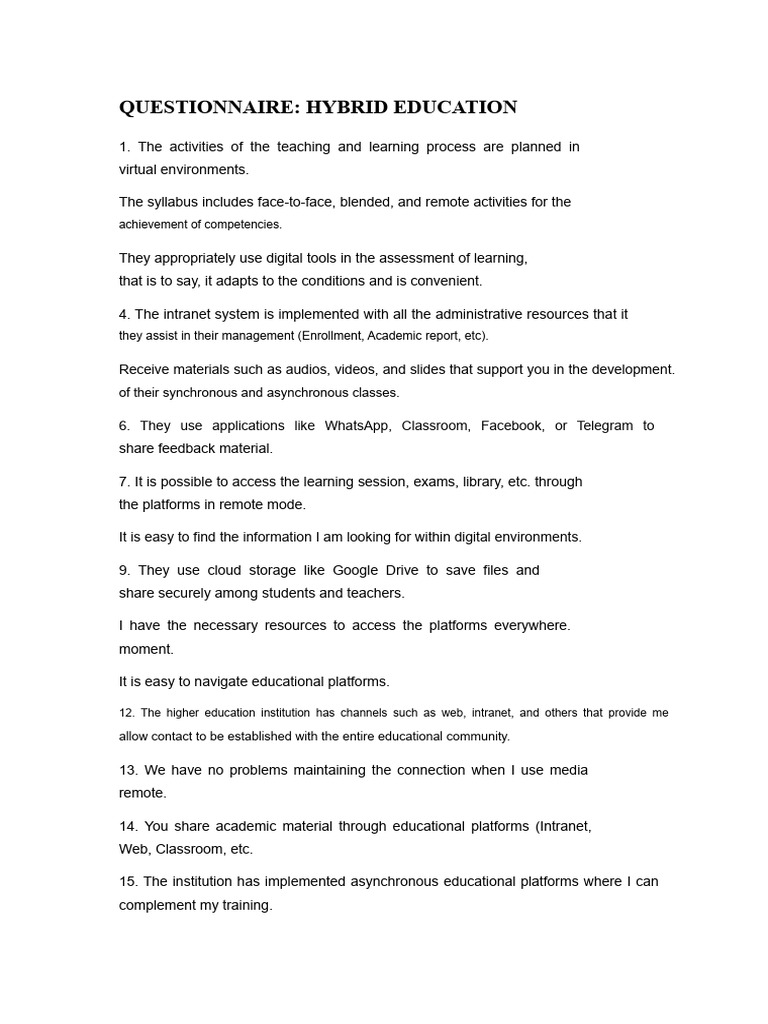 Questionnaire Hybrid Education | PDF | Learning | Teachers