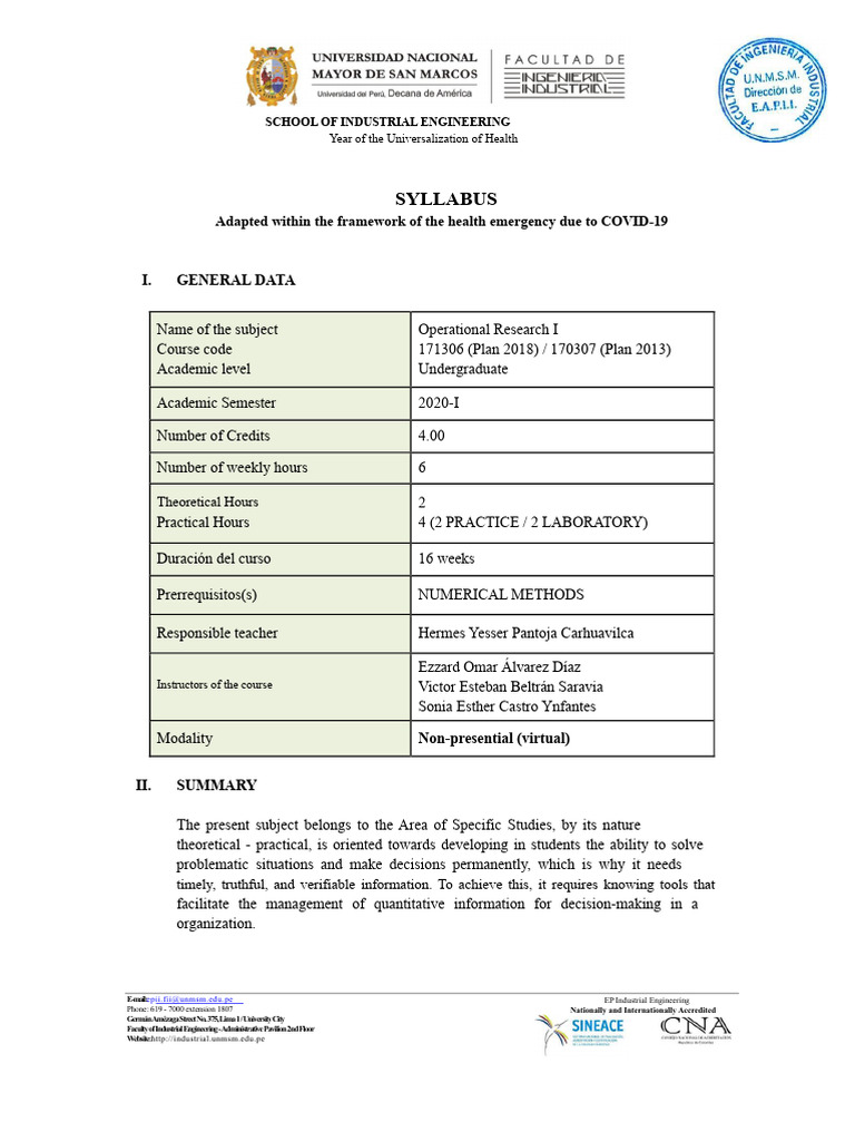 Syllabus Operational Research I_2020-i | PDF | Linear Programming ...