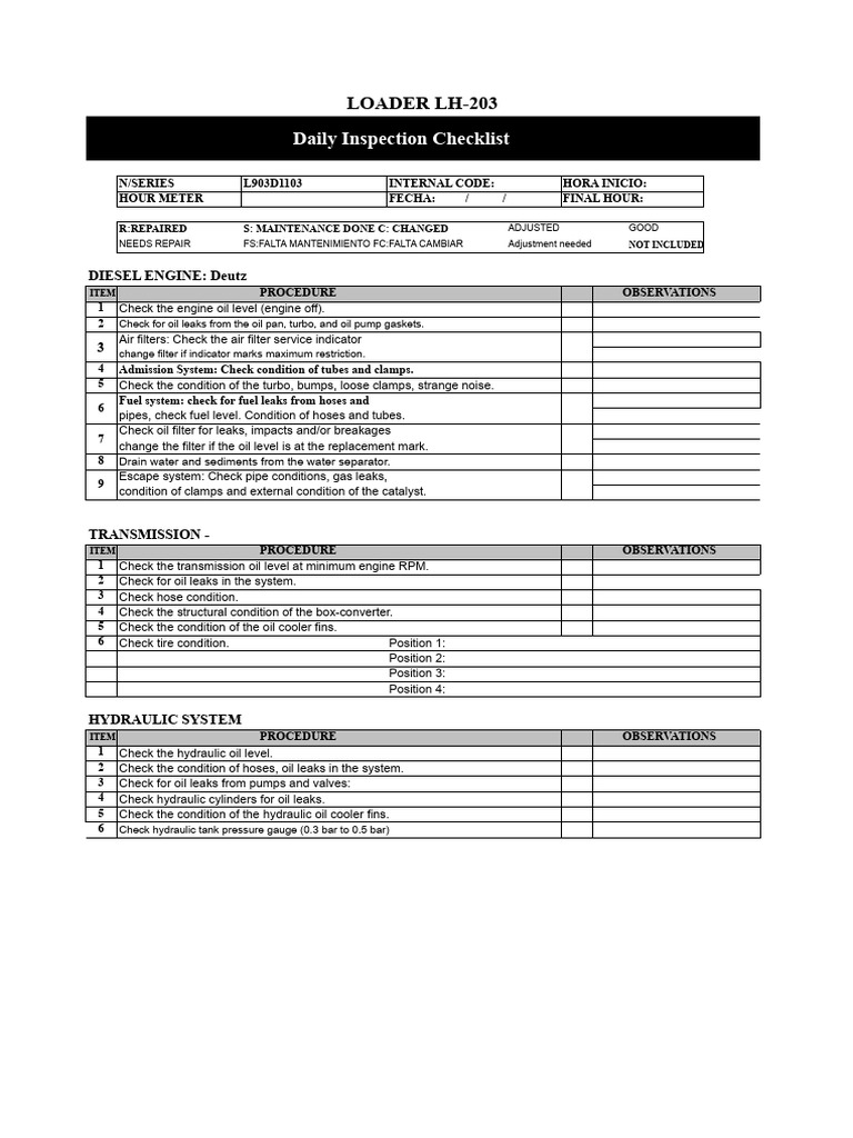 LH-203 Loader Daily Inspection Checklist | PDF | Brake | Leak