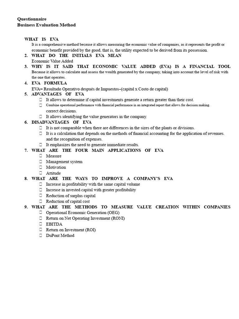 EVA Questionnaire | PDF