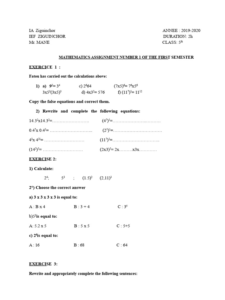 5th Grade Math Assignment 2019-2020 | PDF