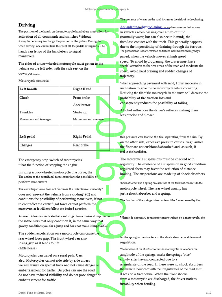 Motorcycle License Notes: Category A | PDF | Traffic | Motorcycle