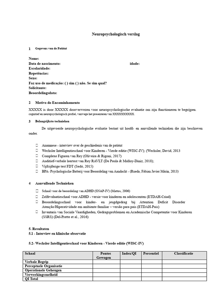 Model Van Neuropsychologisch Rapport | PDF