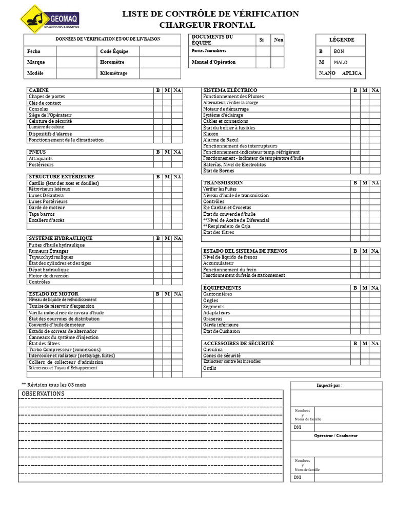 Liste de Contrôle pour Chargeur Frontal | PDF | Véhicule motorisé ...