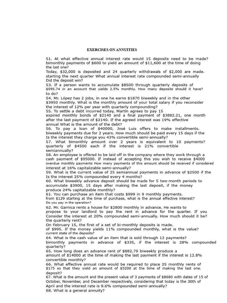 Annuity Calculation Exercises Guide | PDF | Interest | Present Value