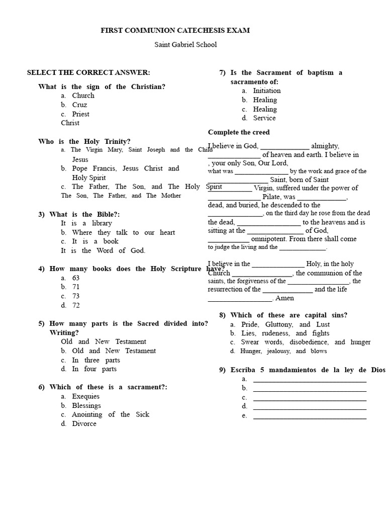 First Communion Catechesis Exam Guide | PDF | Eucharist | Sacraments