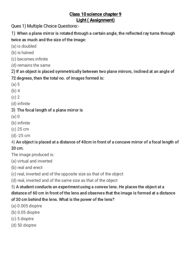Class 10 Science: Light Assignment Questions | PDF | Glass Engineering ...