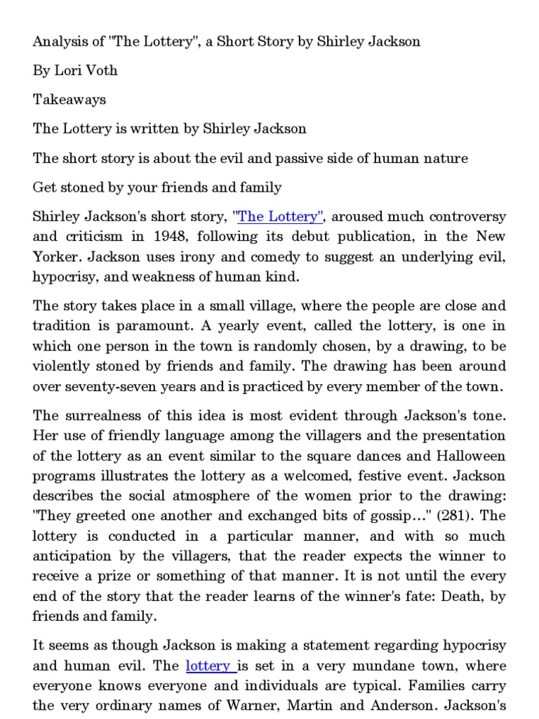 essay for the lottery by shirley jackson