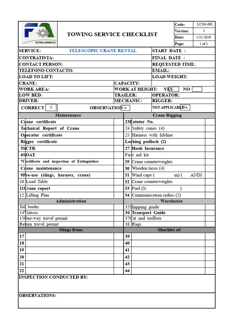 Towing Service Equipment Checklist | PDF | Crane (Machine) | Trailer ...