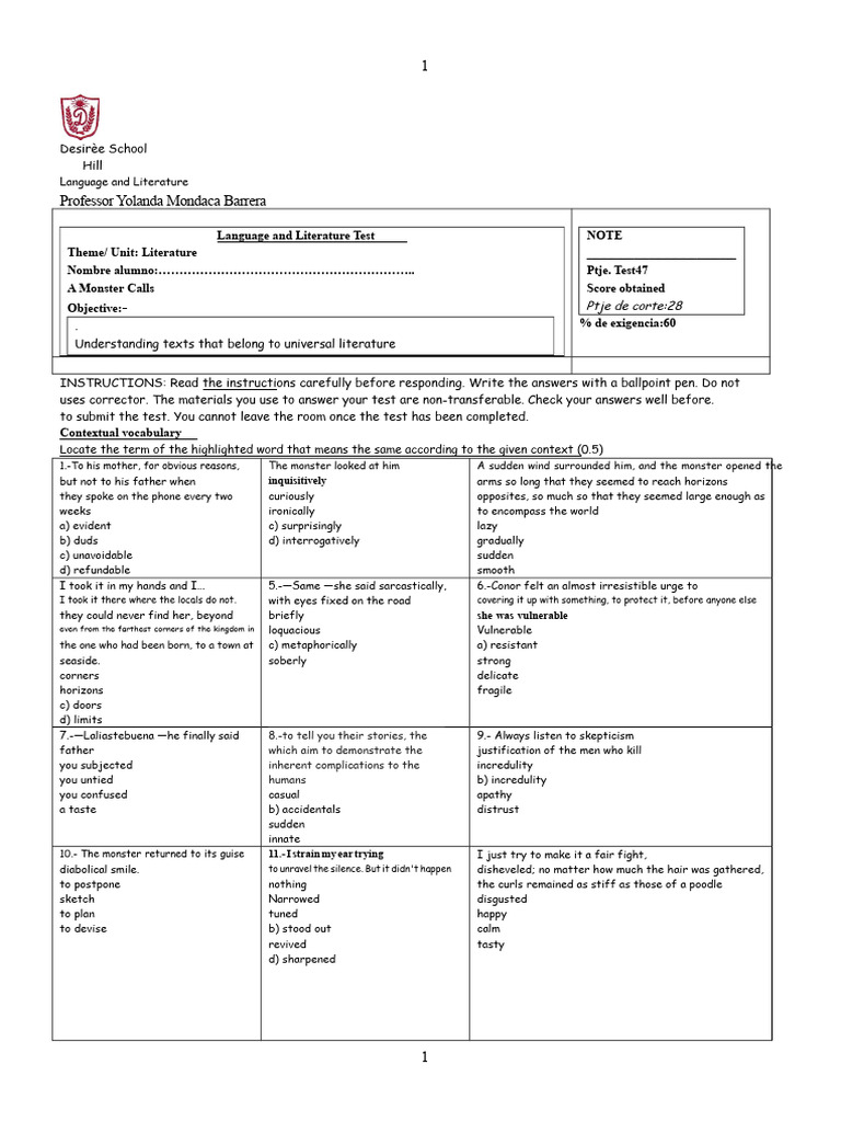 Language and Literature Test: A Monster Calls | PDF