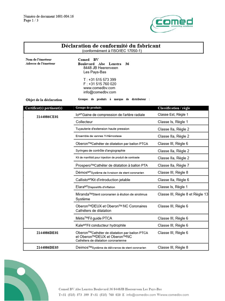 Déclaration de conformité Comed BV | PDF | Dispositif médical ...