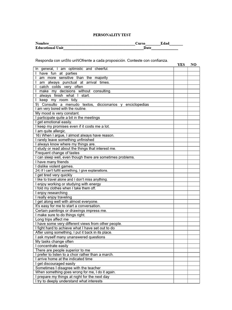 Personality Traits Assessment Test | PDF | Psychology | Psychological ...