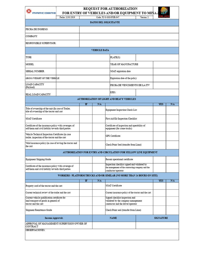Request For Authorization For Entry of Vehicles or Equipment JU-S-SSO ...