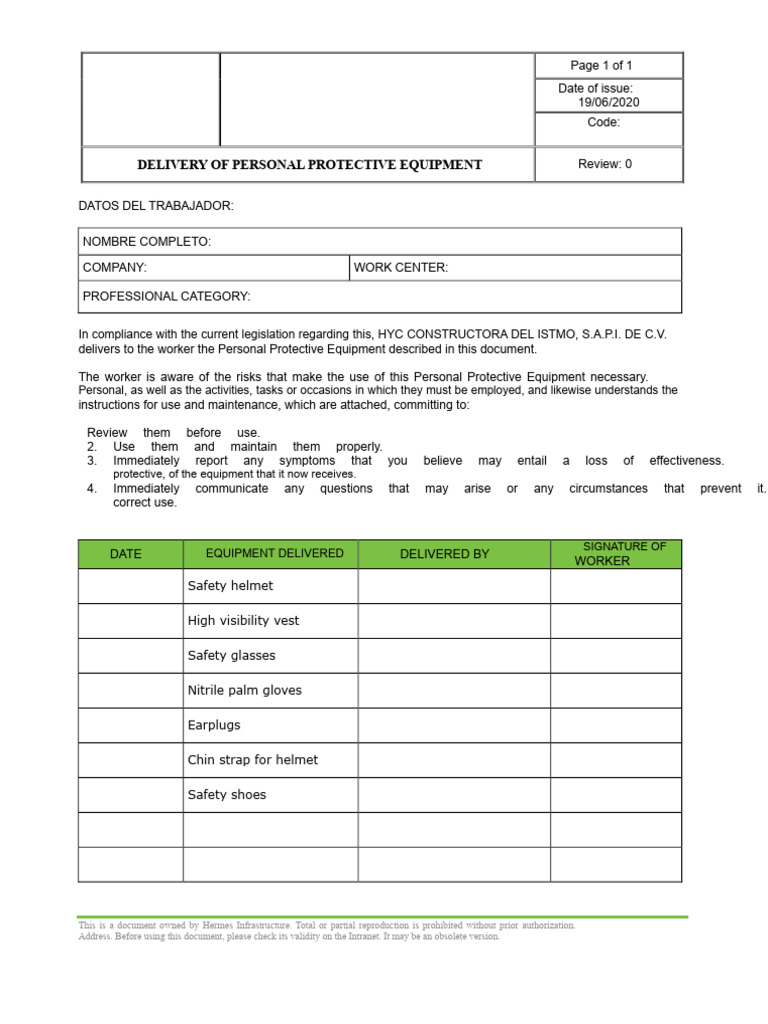 Ppe Delivery Format | PDF | Personal Protective Equipment | Working ...
