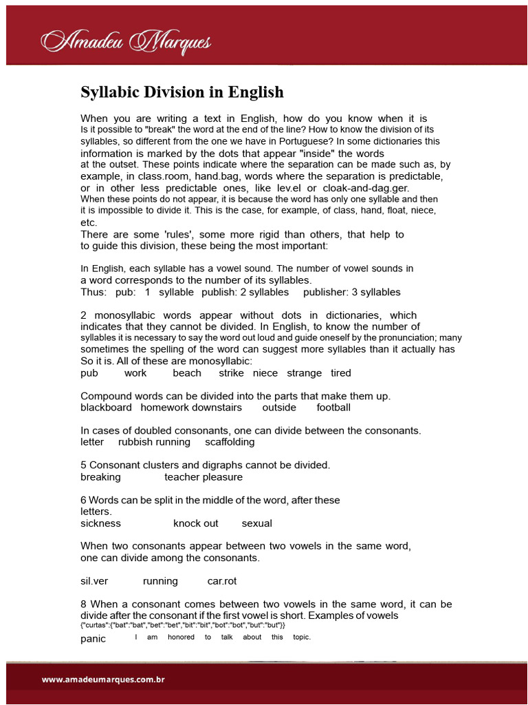 English Syllable Division Rules | PDF | Syllable | Consonant
