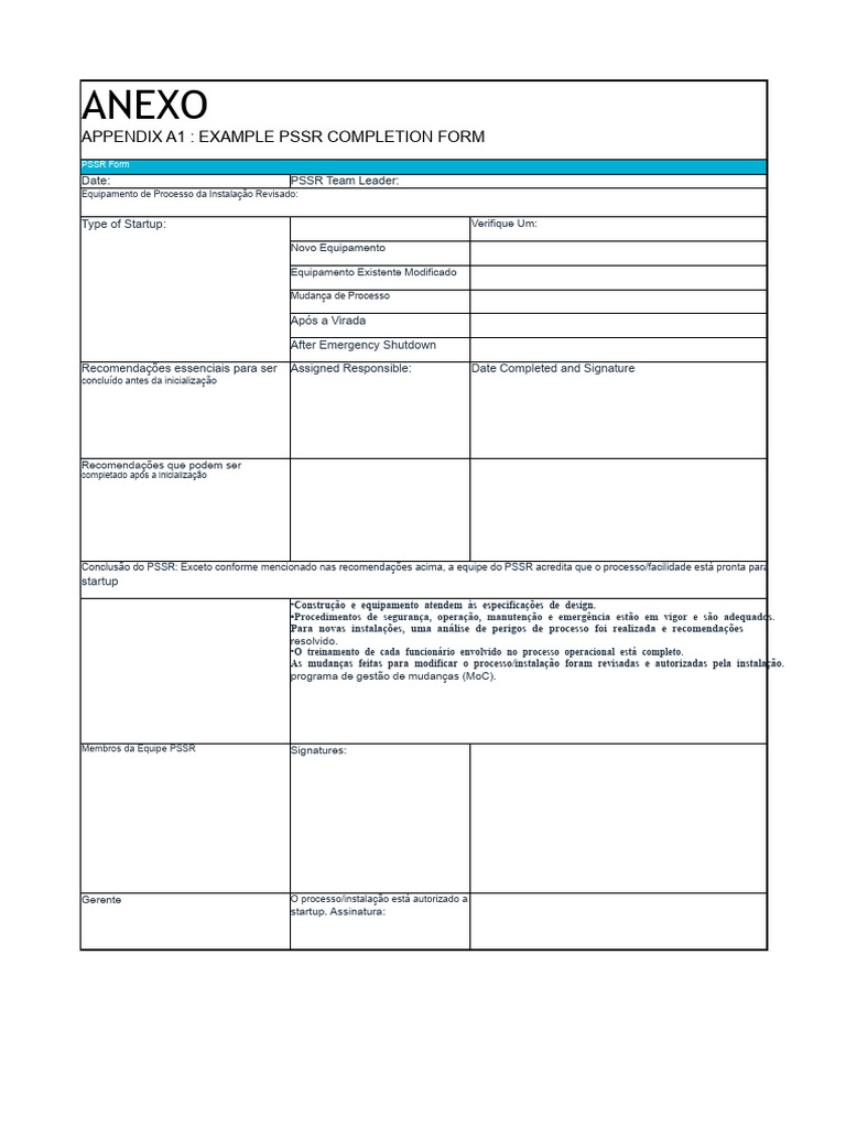 Formulário e Checklist PSSR para Startup | PDF