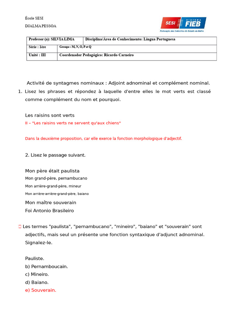 Activités sur les syntagmes nominaux | PDF | Linguistique | Syntaxe