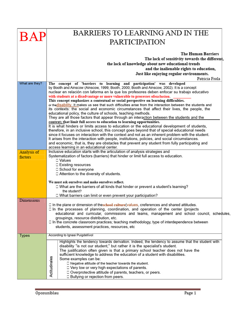 Barriers to Learning and Participation | PDF | Inclusion (Education ...