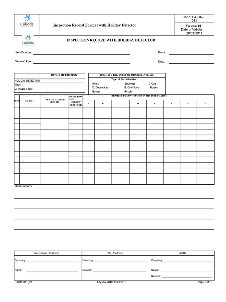 Inspection Registration Form With Holiday Detector | PDF