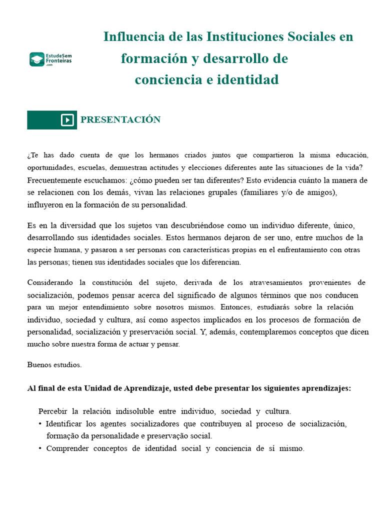 Influencia de Instituciones en Identidad Social | PDF | Socialización ...