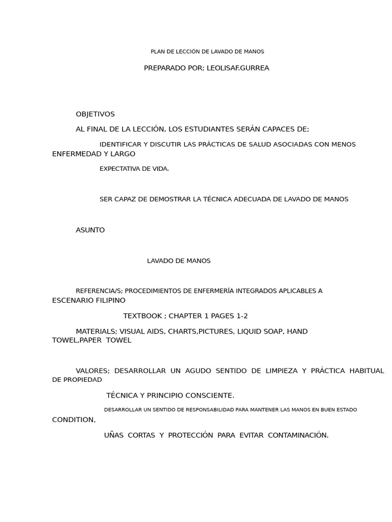 Plan de Lección Sobre Lavado de Manos | PDF | Lavado de manos ...